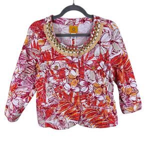 Ruby Rd. Colorful Floral Beaded Fringe Cotton‎ Snap Up Stretch Jean Jacket Sz 12